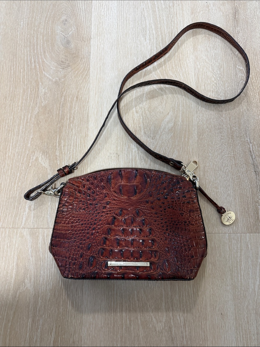 Brahmin Croco-Embossed Crossbody in Rich Brown with Gold Hardware